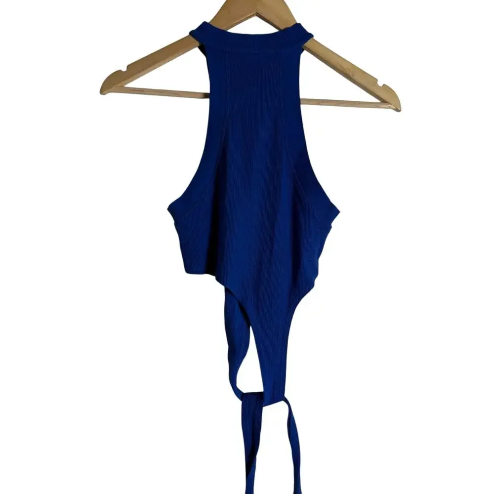 K.ngsley Bright Blue Race Her Ribbed Asymmetrical Cropped Halter Tank Top Small - Picture 10 of 10